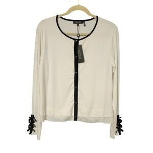 Badgley Mischka Cream Black Trim Bow Cuff Long Sleeve Top Blouse Shirt L